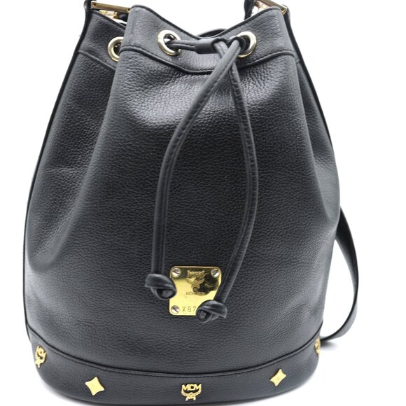 MCM Handbags - MCM Black Classic Pebbled Leather Visetos Studded Bucket Bag